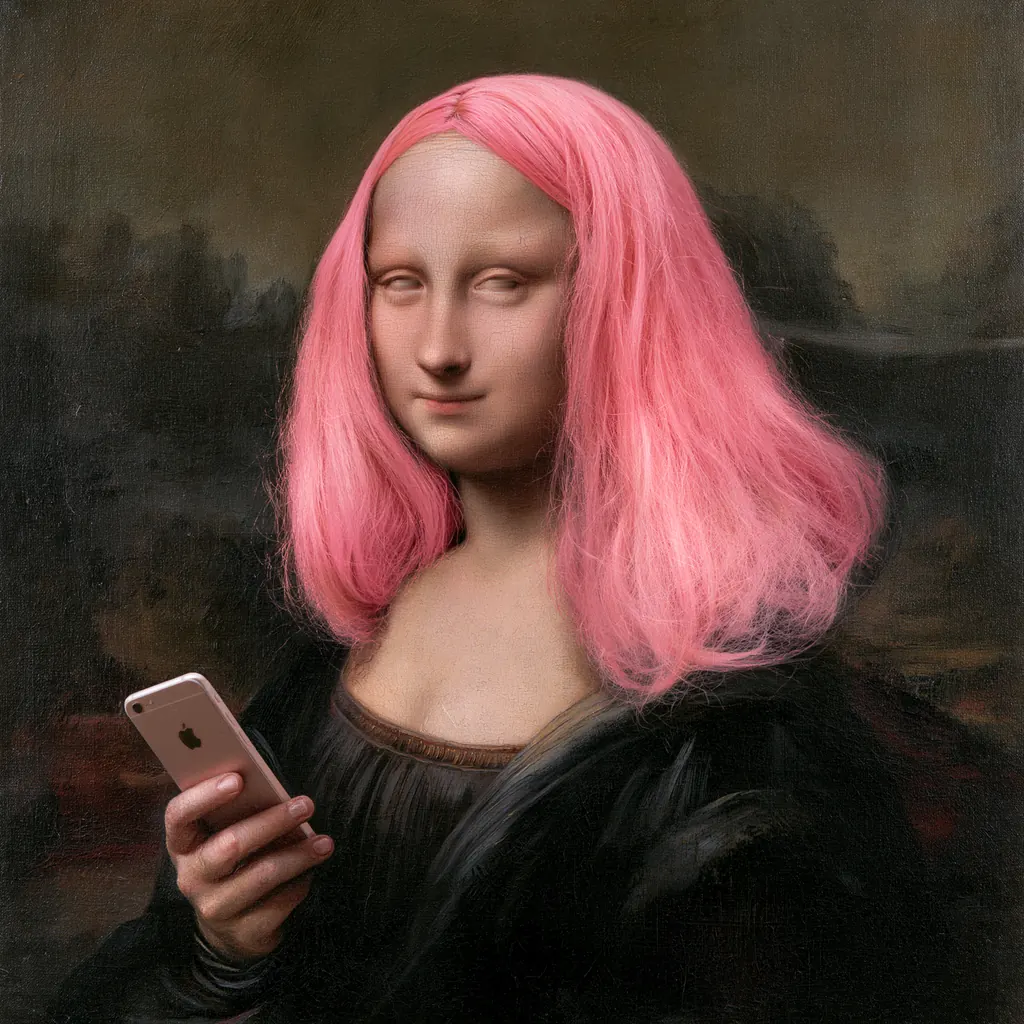 The Mona Lisa, pink-haired, holding a phone — and watching you.